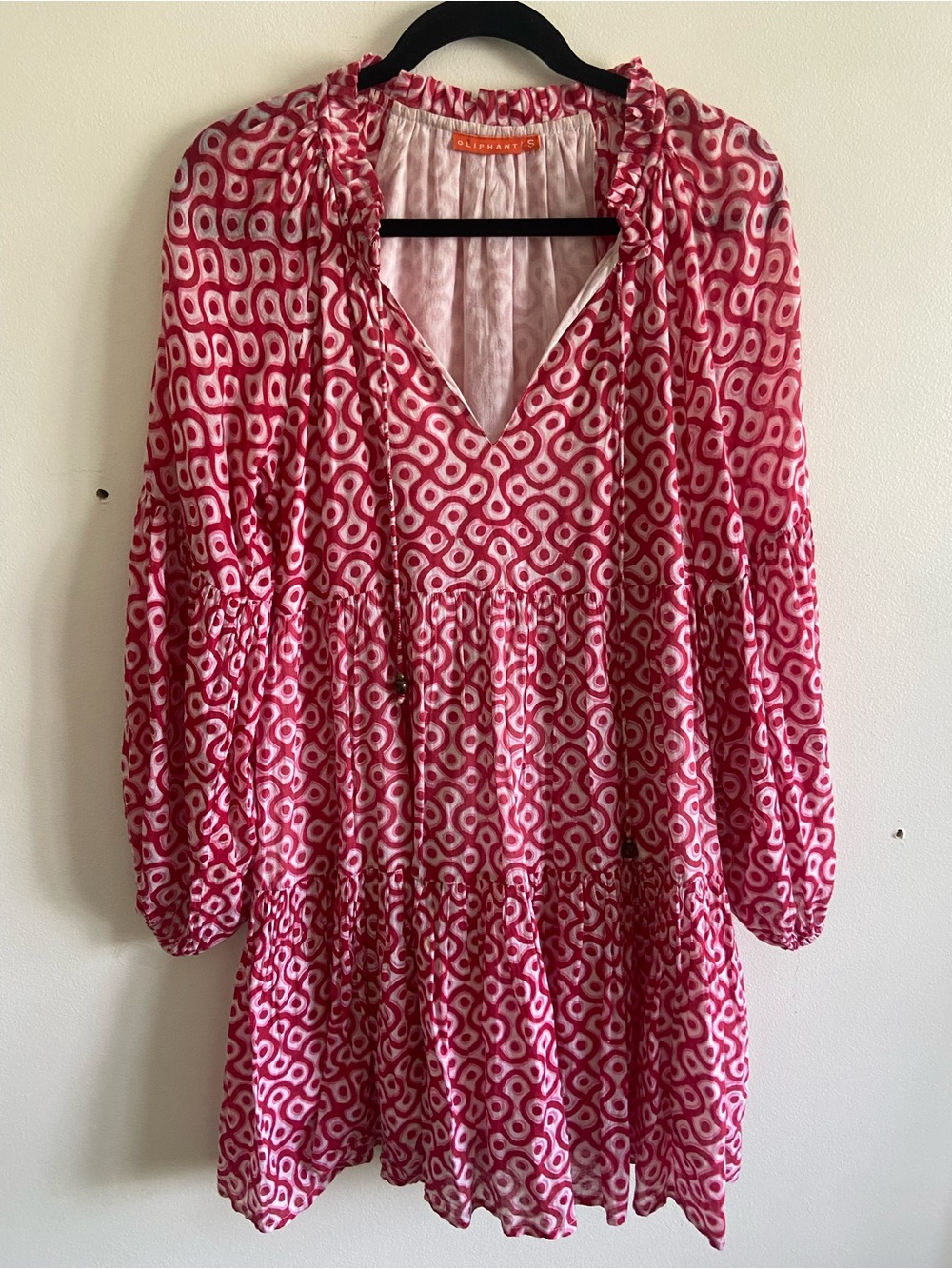 Oliphant Pink 100% Cotton Tiered Mini Dress Tie Neck Smock Flowy Size Small